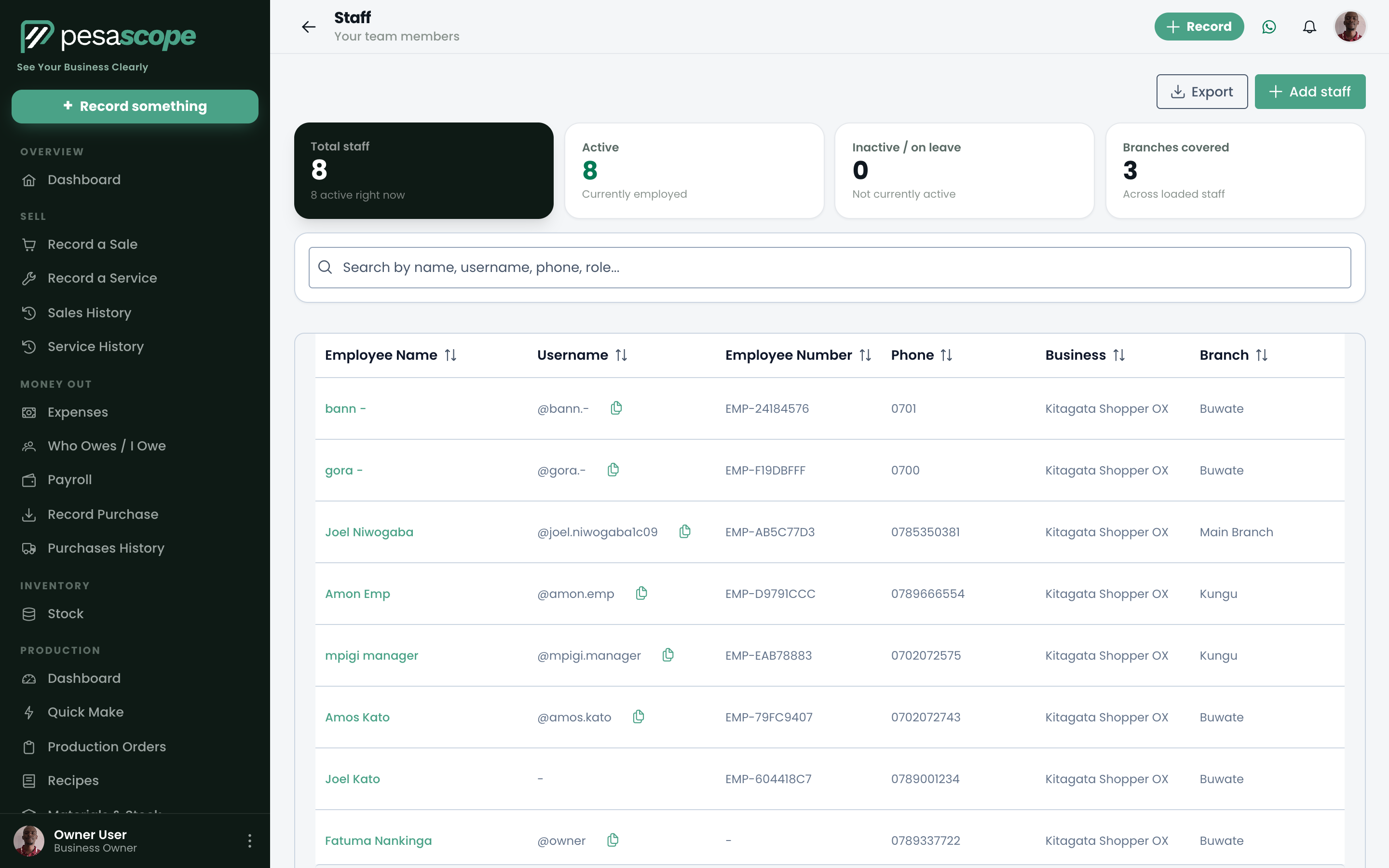 Employees list with name, branch, job title and status columns