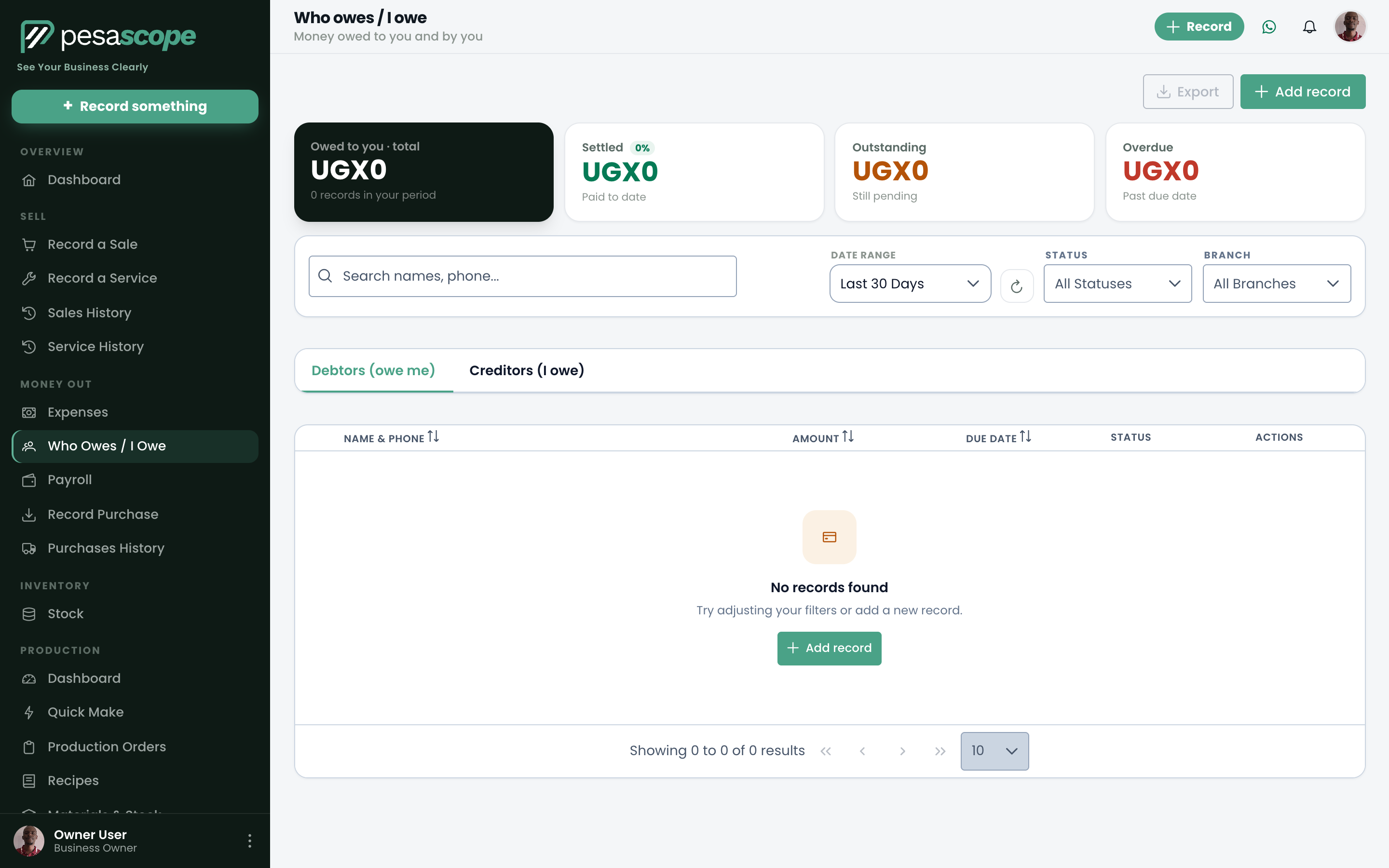 Outstanding customer balances in PesaScope