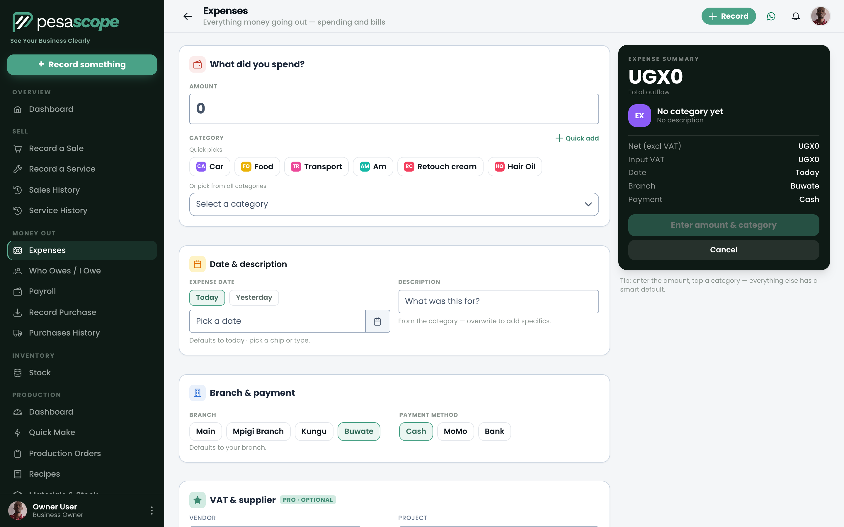 New Expense form with amount, category, payment method and receipt attachment