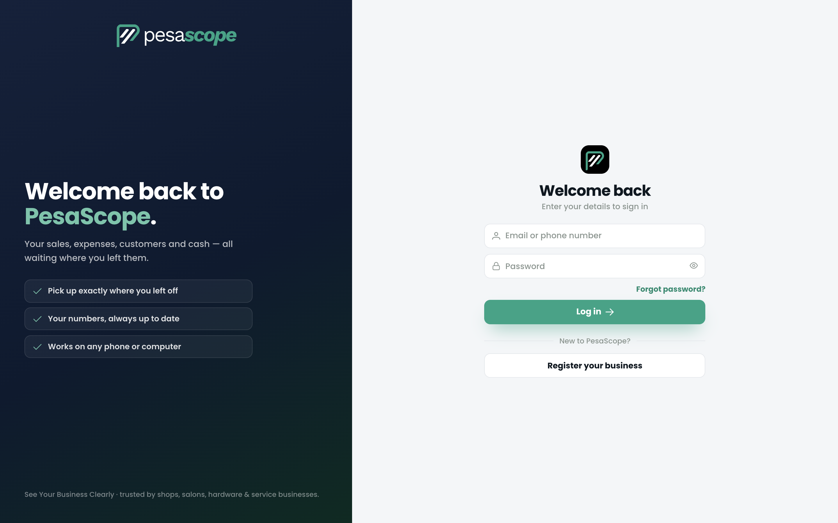 PesaScope login screen with email and password fields