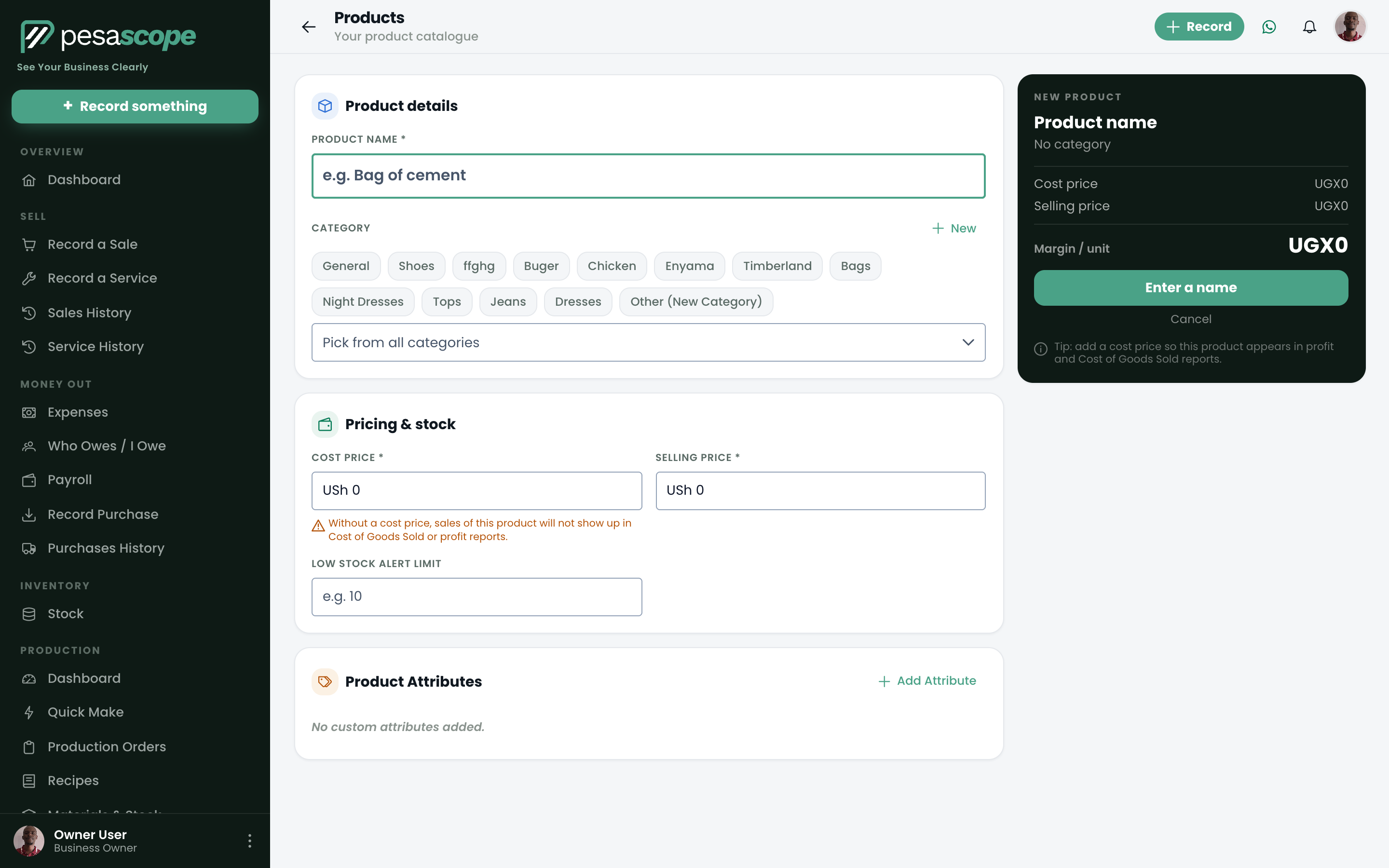 Adding a product with buying and selling price in PesaScope