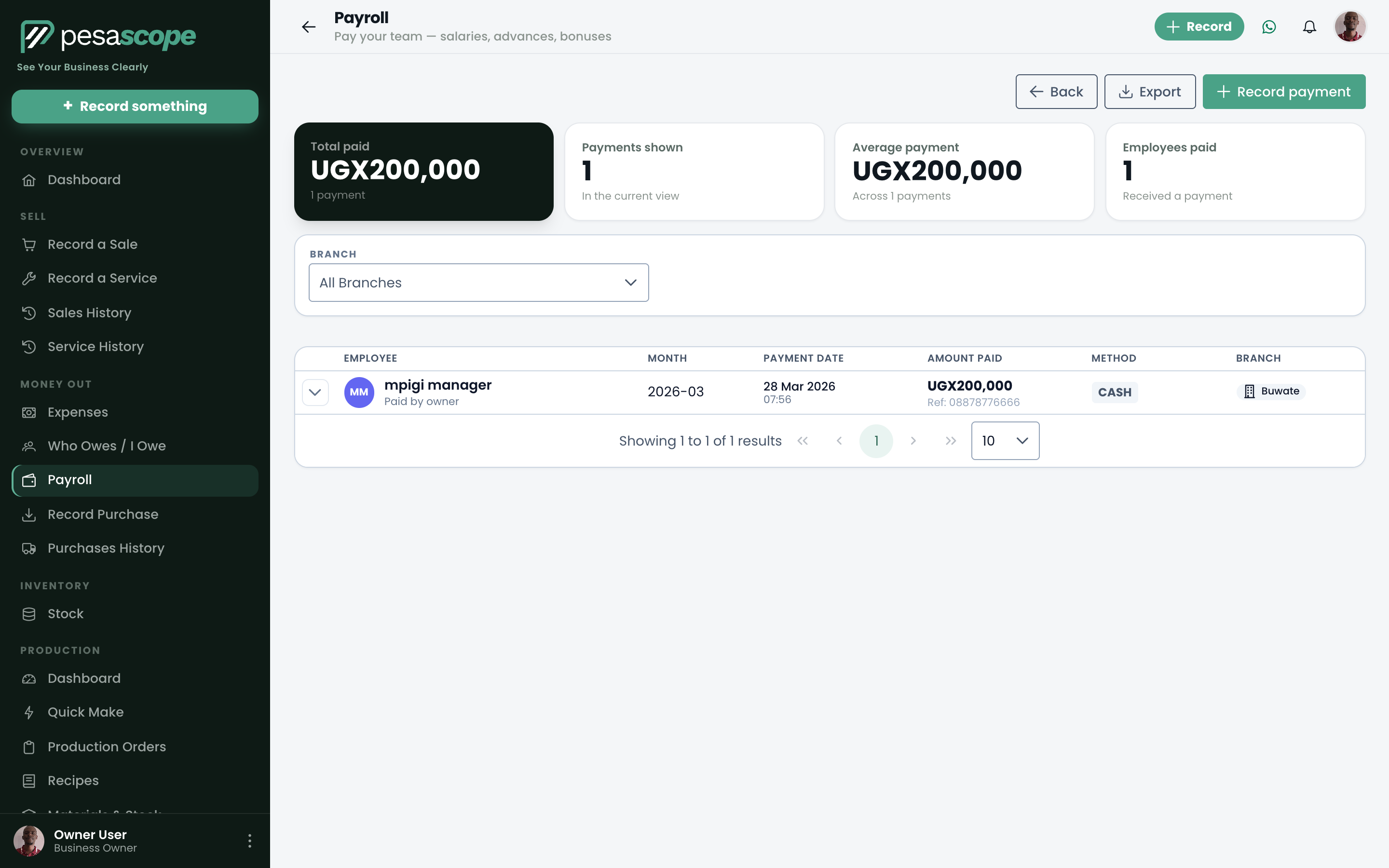 Payroll page listing employees with salary, allowances, commissions, advances and net due