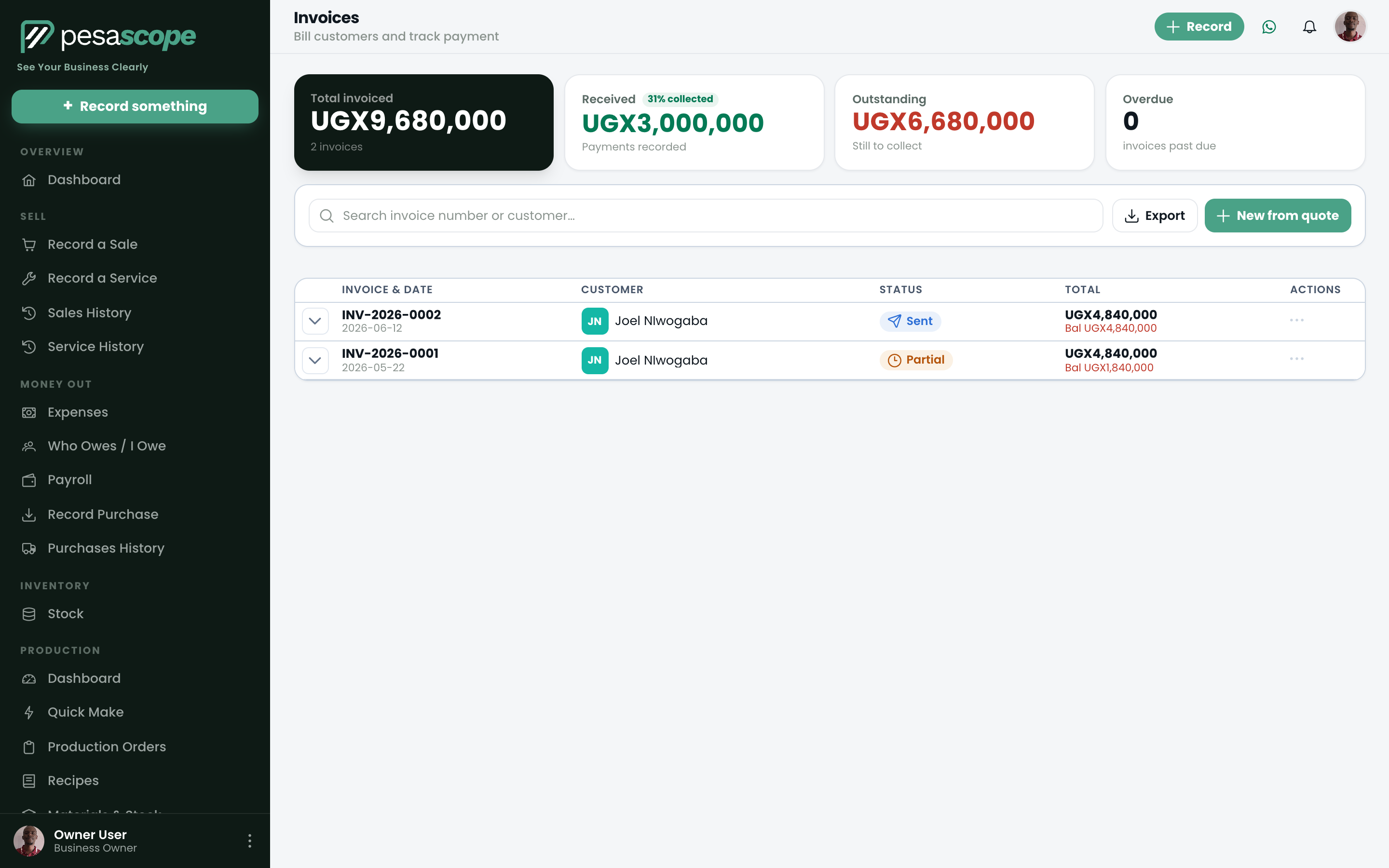 Branded invoice with line items, totals and payment details