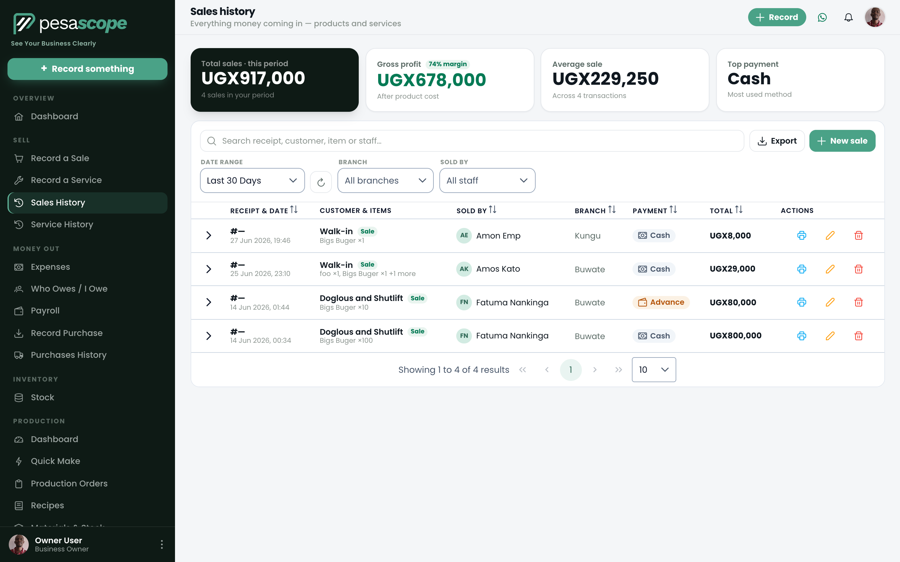 Sales history list with receipts, staff, payment method and totals