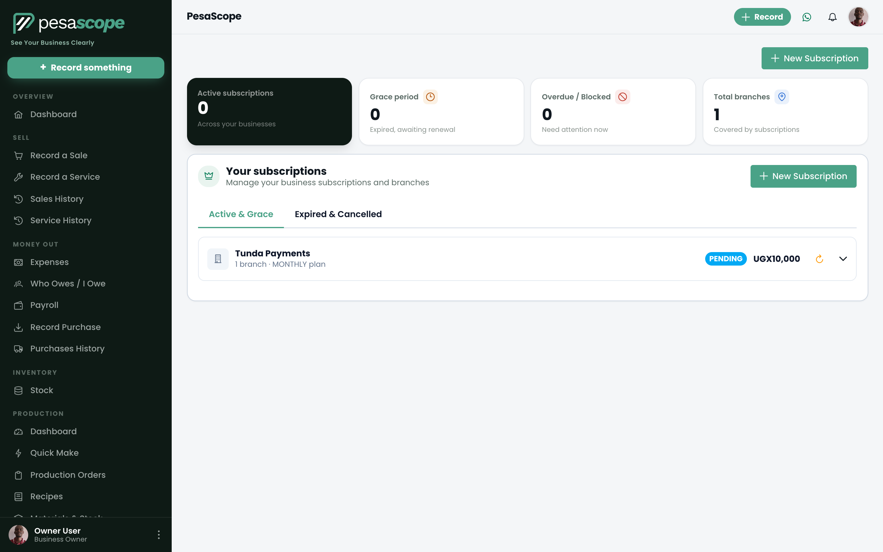 Subscription plans page comparing tiers with pricing and branch limits